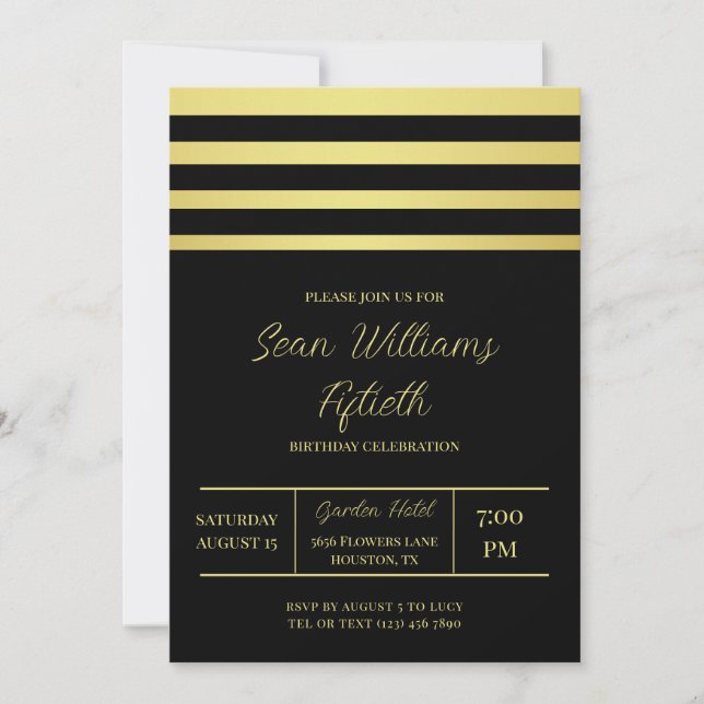 Elegant Gold Stripes Masculine Birthday Invitation (Front)