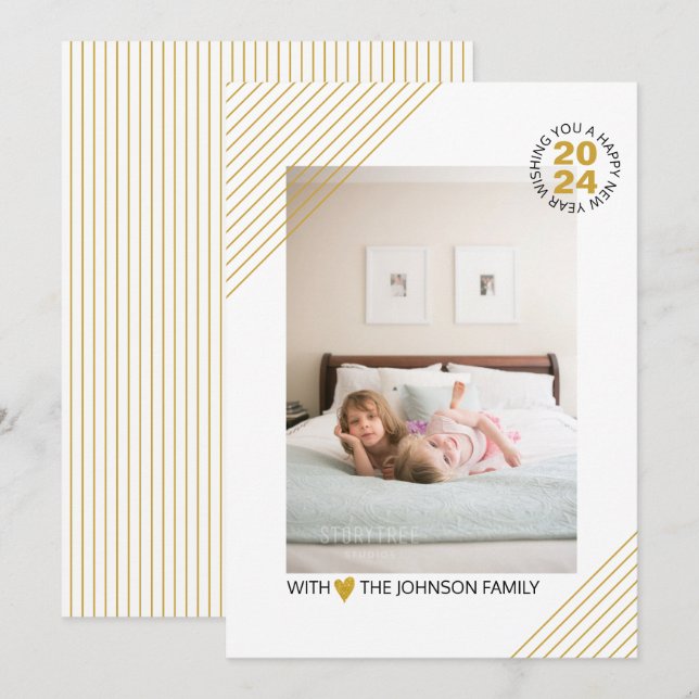 Elegant gold stripes New Year 2024 gold photo Holiday Card (Front/Back)