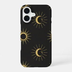 Elegant Gold Sun and Moon Pattern Black iPhone 16 Case