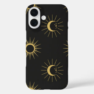 Elegant Gold Sun and Moon Pattern Black iPhone 16 Case