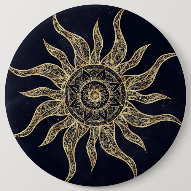 Elegant Gold Sun Mandala Blue Nebula Design 6 Cm Round Badge (Front)