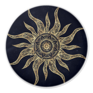 Elegant Gold Sun Mandala Blue Nebula Design Ceramic Knob