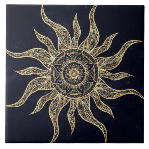 Elegant Gold Sun Mandala Blue Nebula Design Ceramic Tile