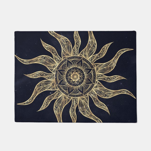 Elegant Gold Sun Mandala Blue Nebula Design Doormat (Front)