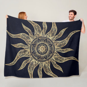 Elegant Gold Sun Mandala Blue Nebula Design Fleece Blanket
