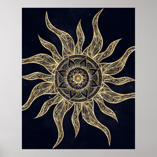 Elegant Gold Sun Mandala Blue Nebula Design Poster (Front)