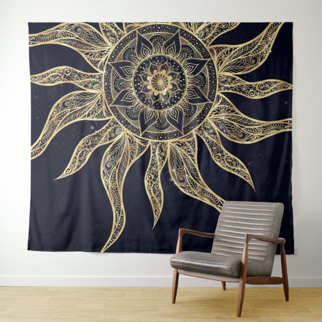 Elegant Gold Sun Mandala Blue Nebula Design Tapestry (In Situ (Horizontal))