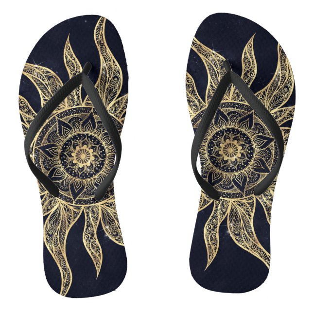 Elegant Gold Sun Mandala Blue Nebula Design Thongs (Footbed)