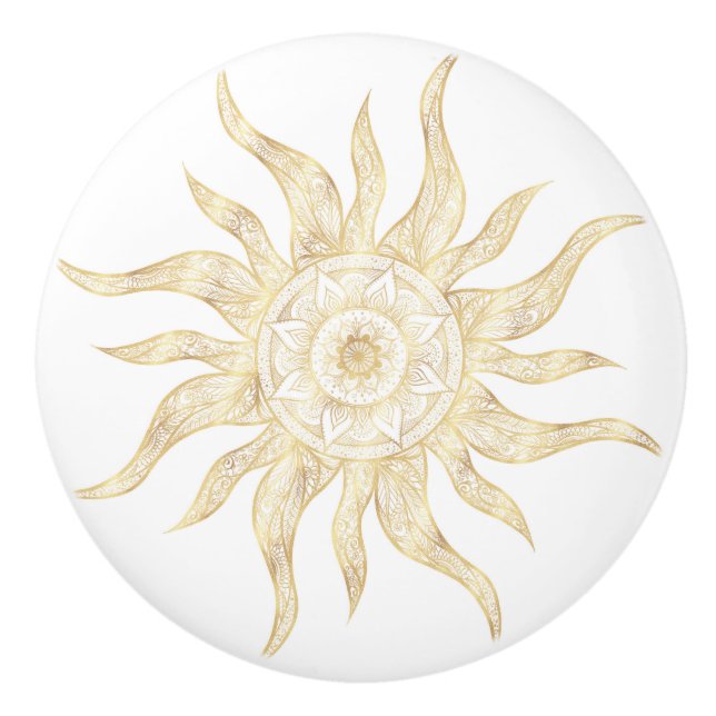 Elegant Gold Sun Mandala Design Ceramic Knob (Front)