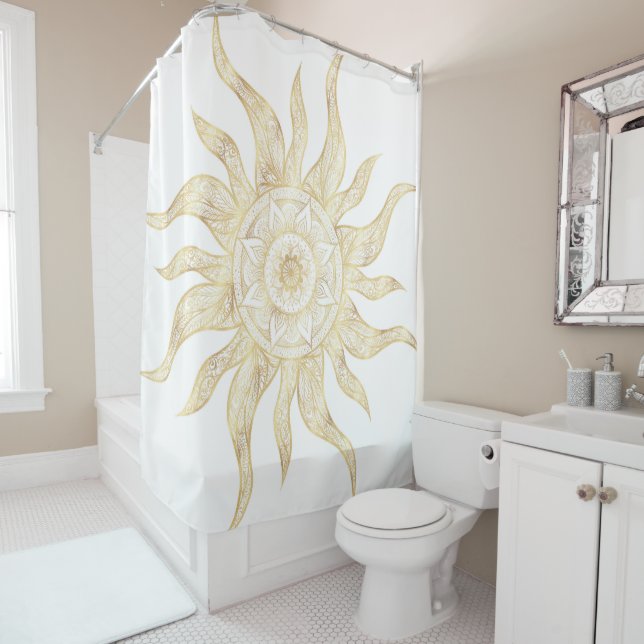 Elegant Gold Sun Mandala Design Shower Curtain (In Situ)