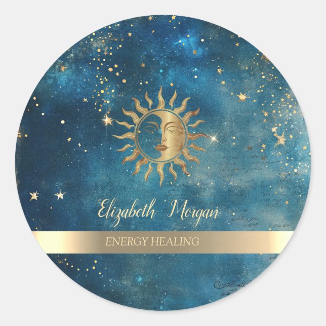 Elegant Gold Sun Stars Blue Watercolor Classic Round Sticker (Front)