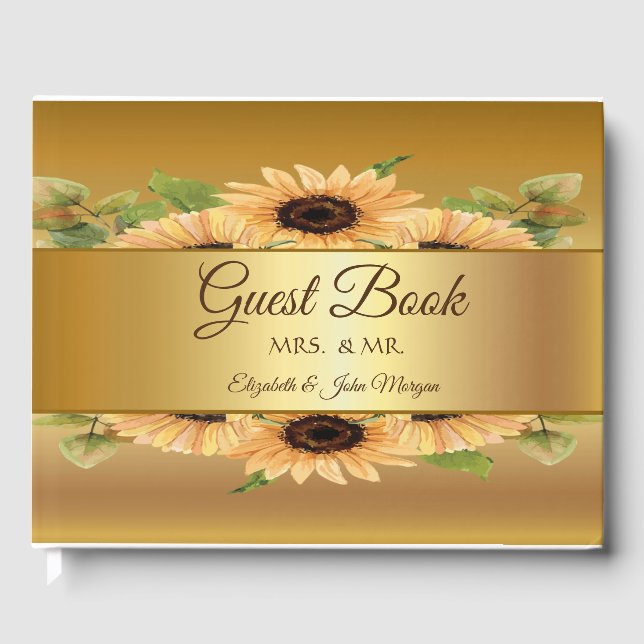 Elegant Gold Sunflowers Wedding Guest Book (Front)