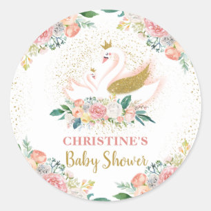 Elegant Gold Swan Princess Pink Floral Baby Shower Classic Round Sticker