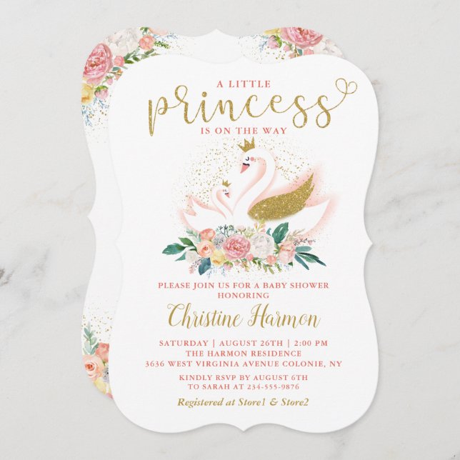 Elegant Gold Swan Princess Pink Floral Baby Shower Invitation (Front/Back)
