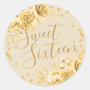 Elegant Gold Sweet 16 Birthday Floral Glitter Classic Round Sticker