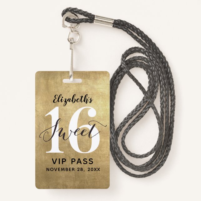 Elegant Gold Sweet 16 Birthday VIP Badge ID Badge (Front with Lanyard)
