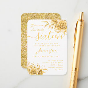 Elegant Gold Sweet 16 Glitter Floral Invite 