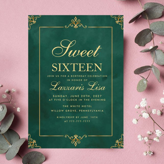 Elegant Gold Sweet Sixteen 16 Green Birthday Invitation (Creator Uploaded)
