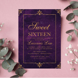 Elegant Gold Sweet Sixteen 16 Purple Birthday Invitation