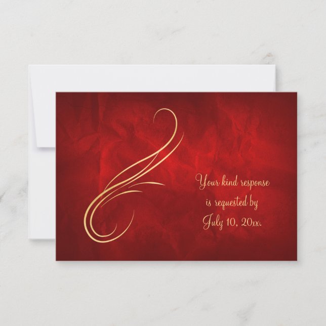 Elegant Gold Swirl Bright Red Wedding RSVP (Front)