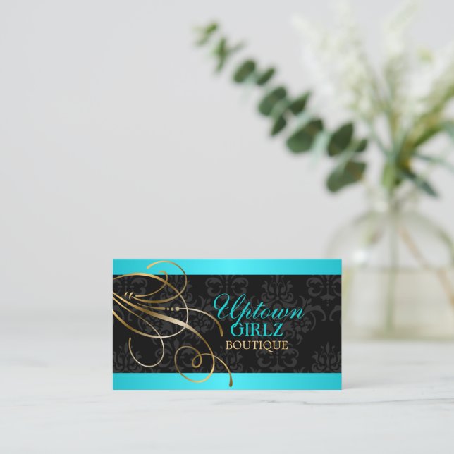 Elegant Gold Swirls and Black Damask Business Card (Standing Front)