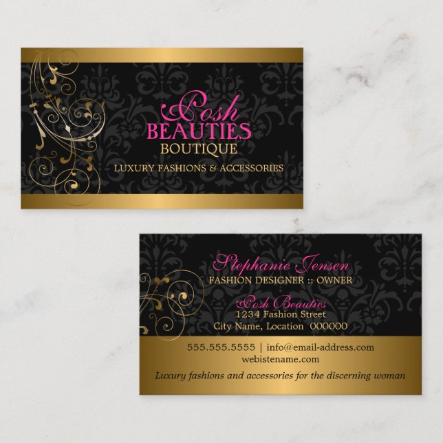 Elegant Gold Swirls and Damask Business Card (Front/Back)