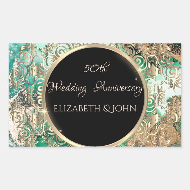 Elegant Gold Swirls Anniversary Green Marble Rectangular Sticker (Front)