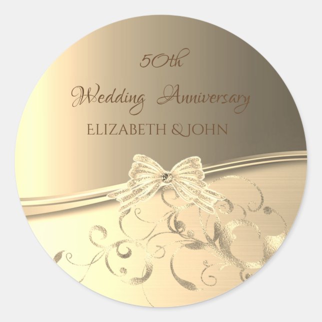 Elegant Gold Swirls ,Bow Anniversary Classic Round Sticker (Front)