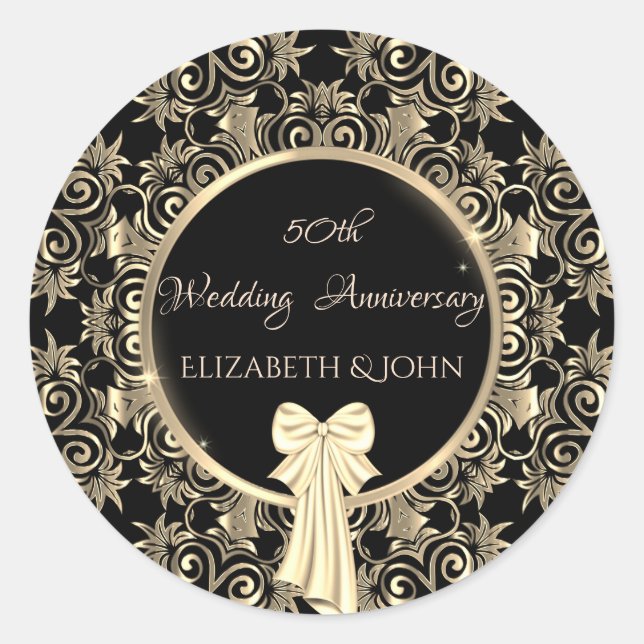 Elegant Gold Swirls,Bow Anniversary Classic Round Sticker (Front)