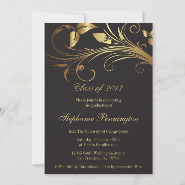 Elegant gold swirls graduation party announcement (Front)