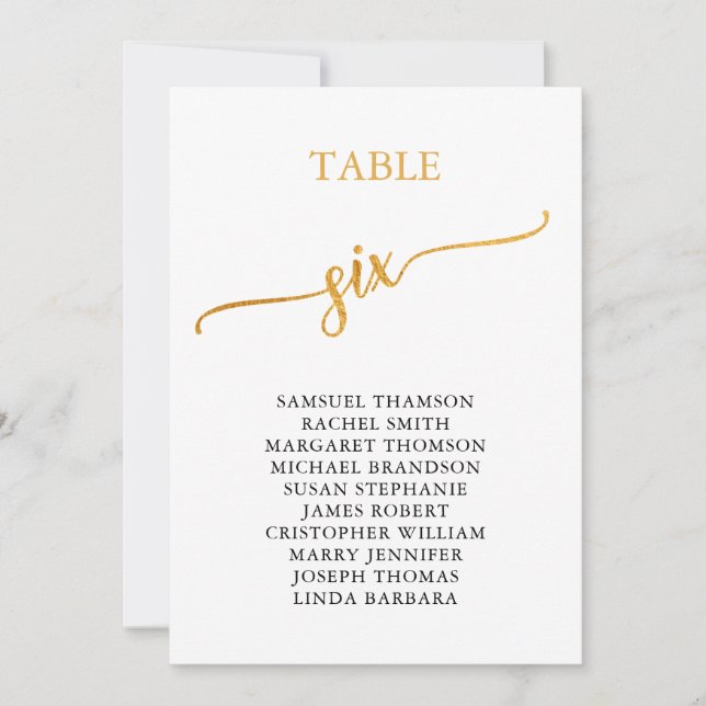 Elegant Gold Table Number 6 Seating Chart (Front)