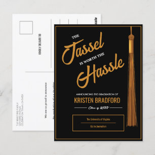 Elegant Gold Tassel Black Graduation Announcement Postcard