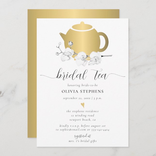 Elegant Gold Tea Pot Orchid Floral Chic Bridal Tea Invitation (Front/Back)