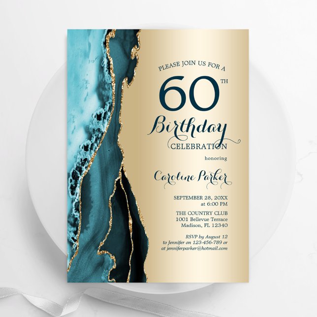 Elegant Gold Teal Agate 60th Birthday Invitation (Creator Uploaded)