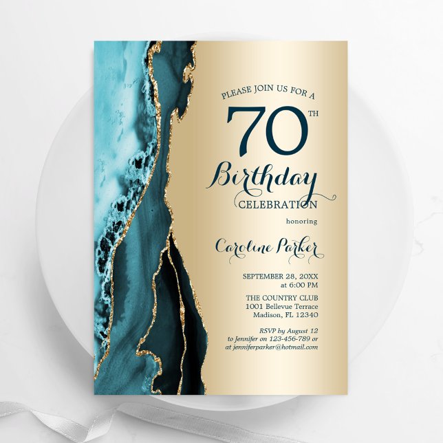 Elegant Gold Teal Agate 70th Birthday Invitation (Creator Uploaded)