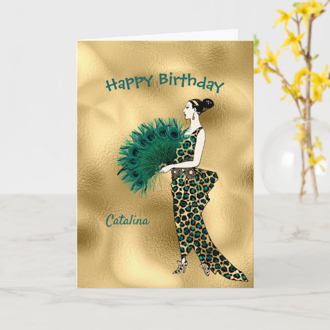 Elegant Gold Teal Art Deco Lady Birthday Card (Yellow Flower)