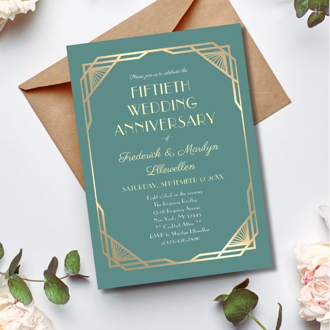 Elegant Gold Teal Fiftieth Wedding Anniversary Invitation (Creator Uploaded)