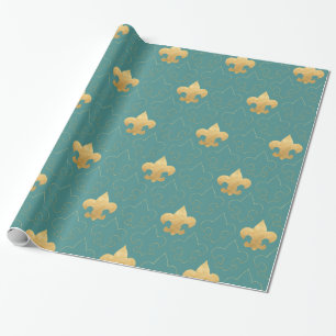 Elegant Gold & Teal Fleur De Lis Wrapping Paper