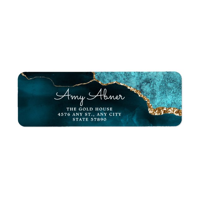Elegant Gold Teal Glitter Agate Return Address Label (Front)