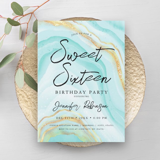 Elegant Gold Teal Glitter Chic Marble Sweet 16  Invitation (Elegant Gold Teal Glitter Chic Marble Sweet 16 Invitation)