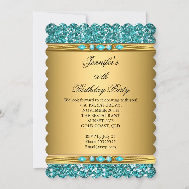 Elegant Gold Teal Glitter Diamond Birthday Party Invitation (Front)