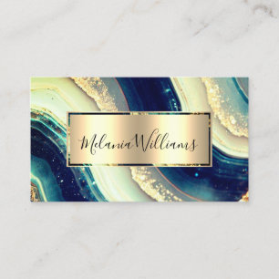 Elegant Gold Teal Marble Agate Geode QR Code  Business Card