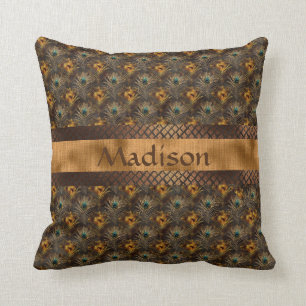 Elegant Gold Teal Peacock Personalised Name Cushion