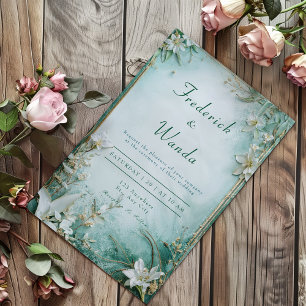 Elegant Gold Teal White Lily Floral Summer Wedding Invitation