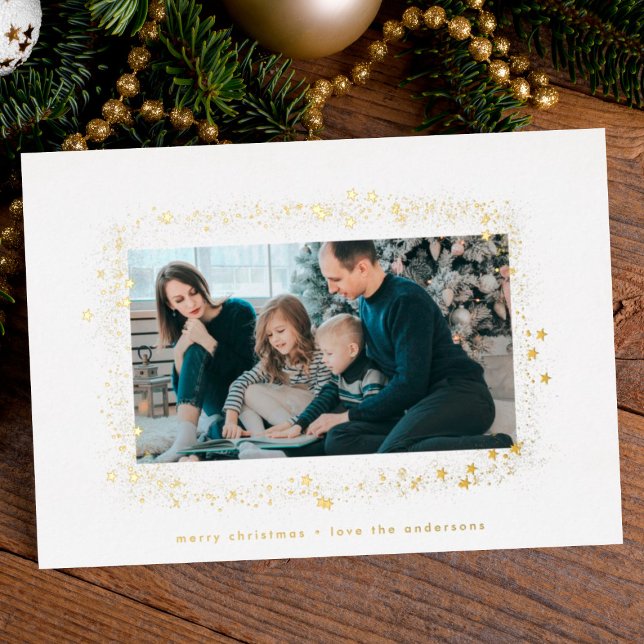 elegant gold text and dust stars photo frame foil holiday card (Creator Uploaded)