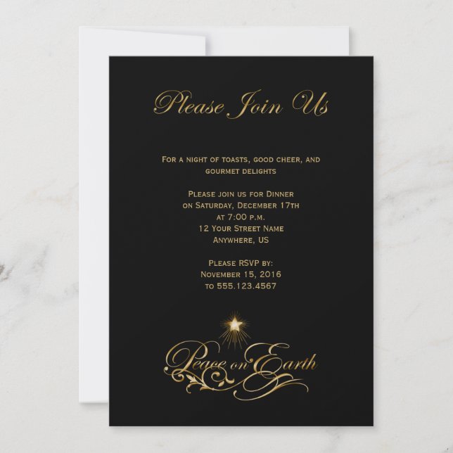 Elegant Gold Text Peace On Earth Black Invite (Front)