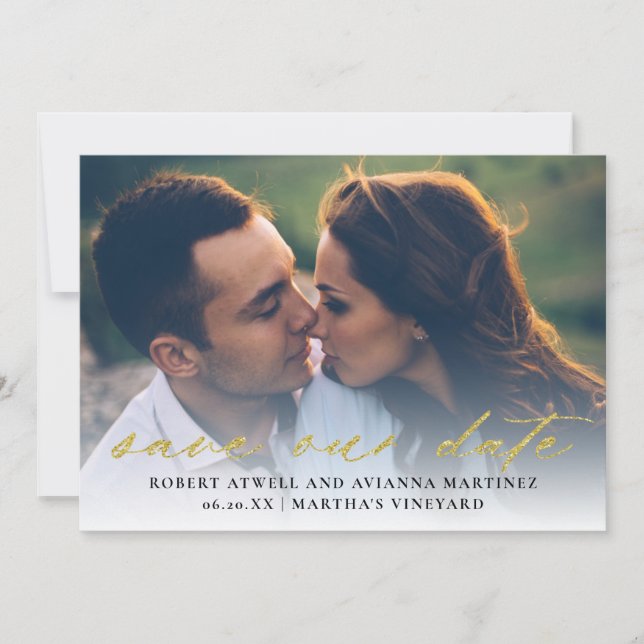 Elegant Gold Text Photo Wedding Save The Date (Front)