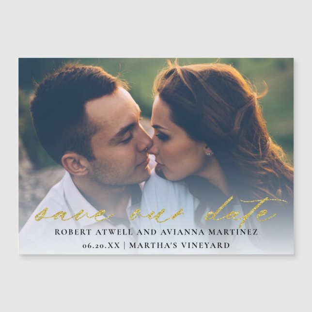 Elegant Gold Text Photo Wedding Save The Date Magnetic Invitation (Front)