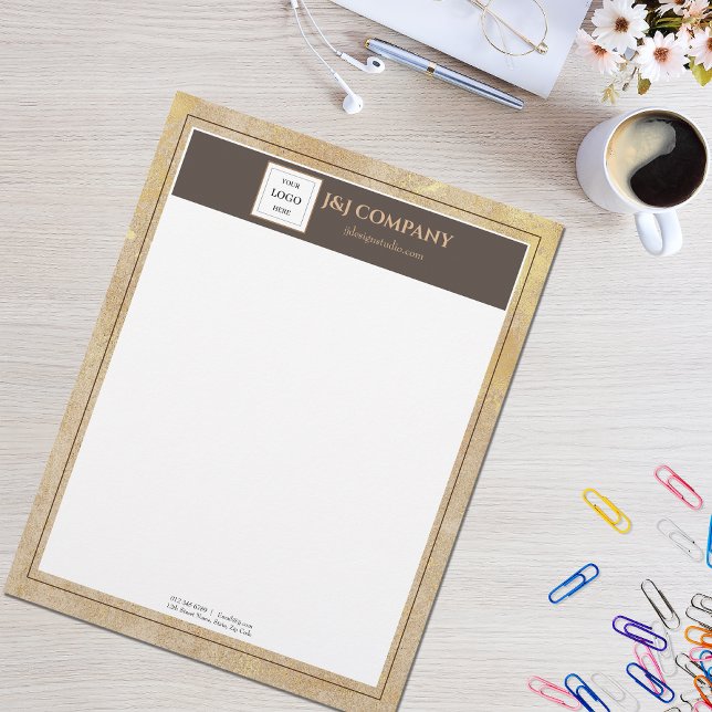 Elegant Gold Texture Brown Frame Logo Custom Letterhead (Creator Uploaded)