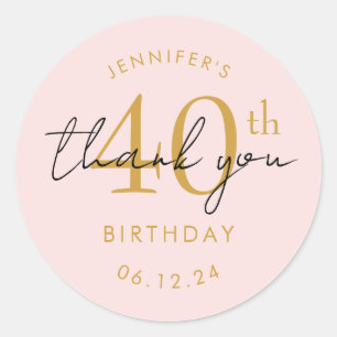 Elegant Gold "Thank You" 40th Birthday Blush Pink Classic Round Sticker
